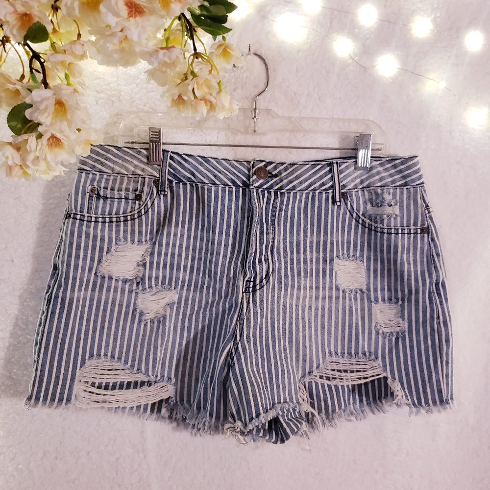 Forever 21+ Distressed Striped Jean Shorts